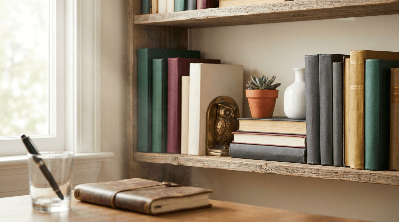 Warm, natural-light shot of two bookshelf speakers on a wooden stand in a Toronto living room, with a person adjusting one.