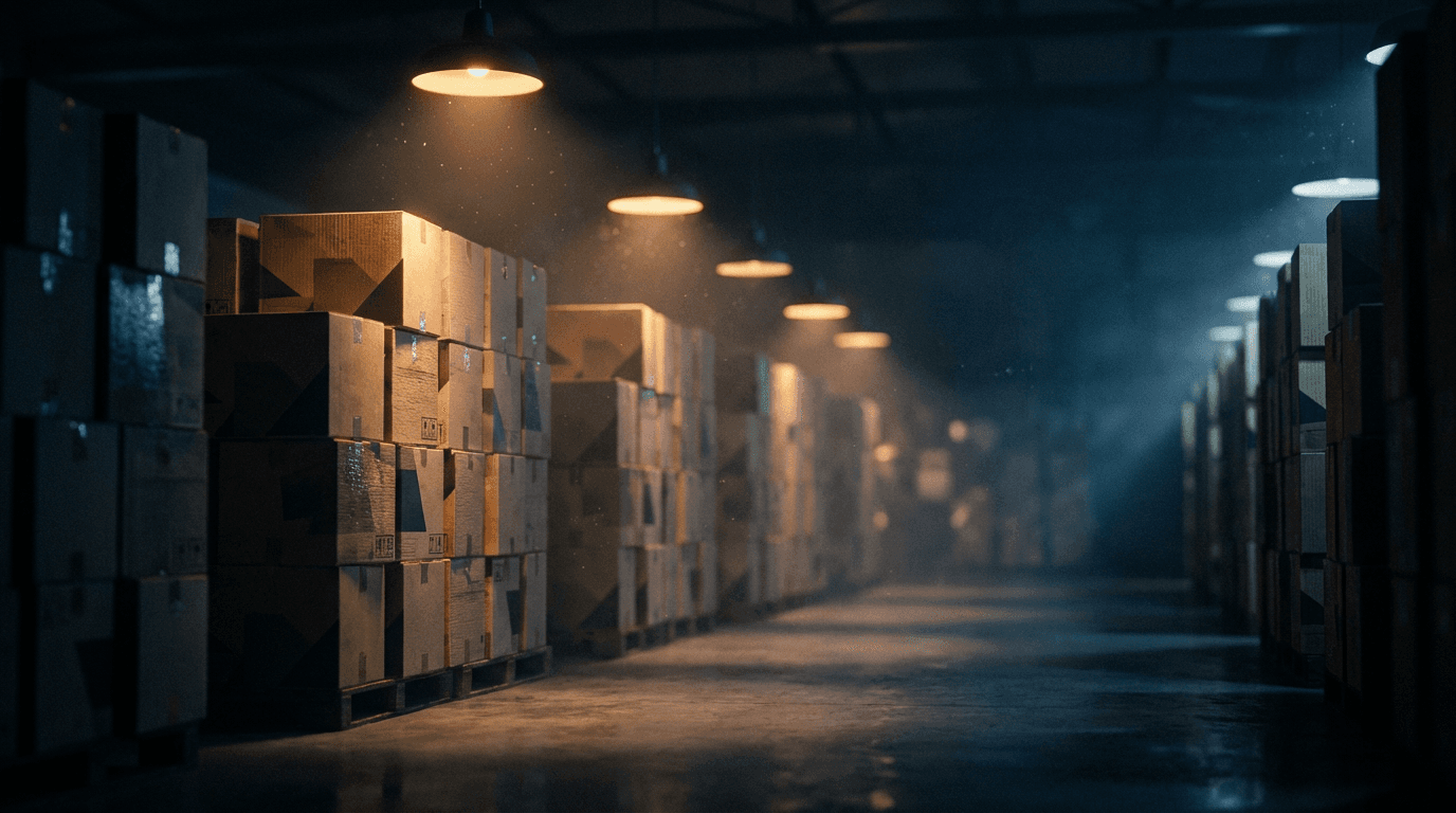Stack of speaker boxes on a warehouse shelf