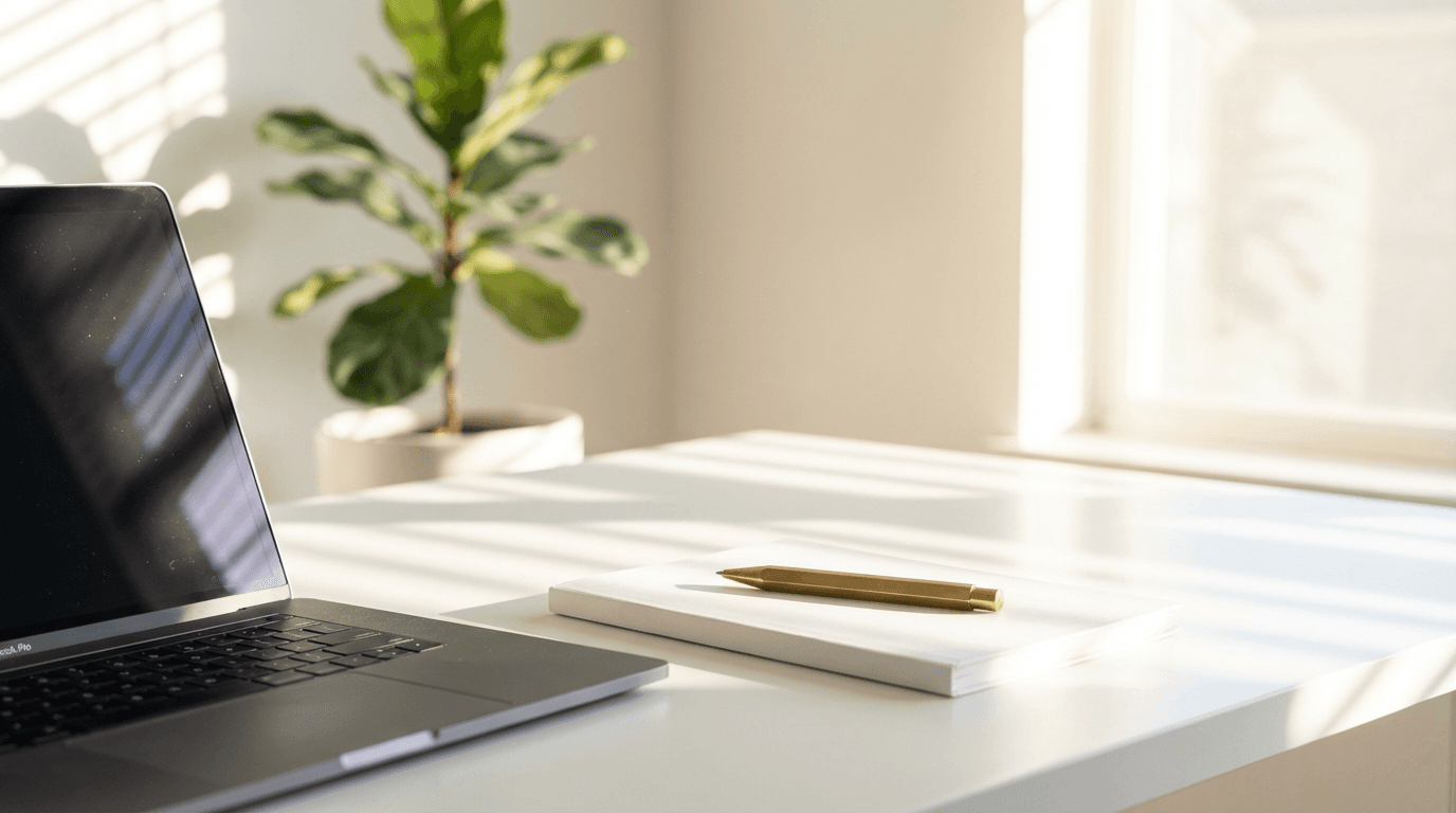 Simple office desk with single monitor and notes
