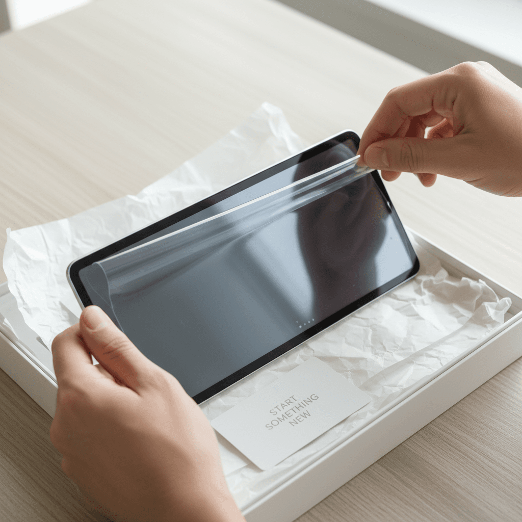Hands unboxing a new TV from simple packaging