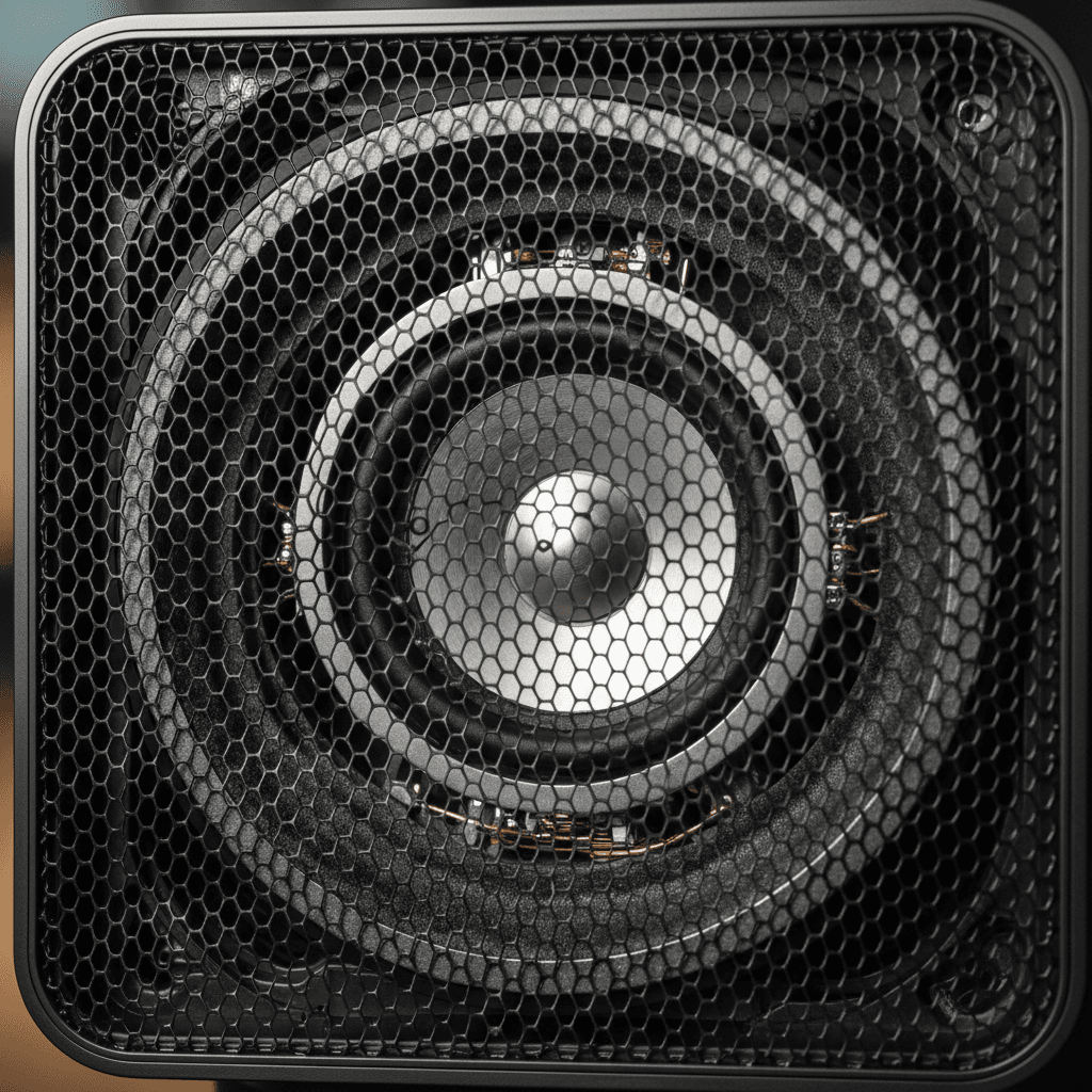 Close-up of a speaker grille texture with warm wood tones